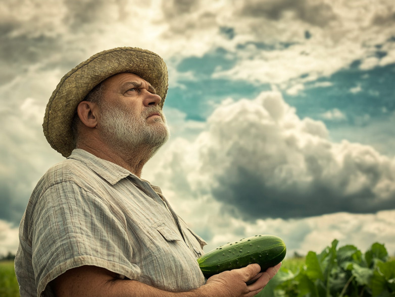 Un agriculteur tient un concombre